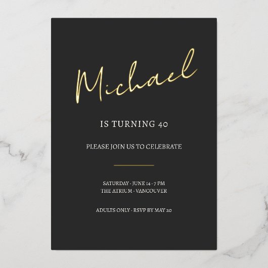 Invitation En Aluminium Black and Gold 40th Birthday Celebration (Recto)