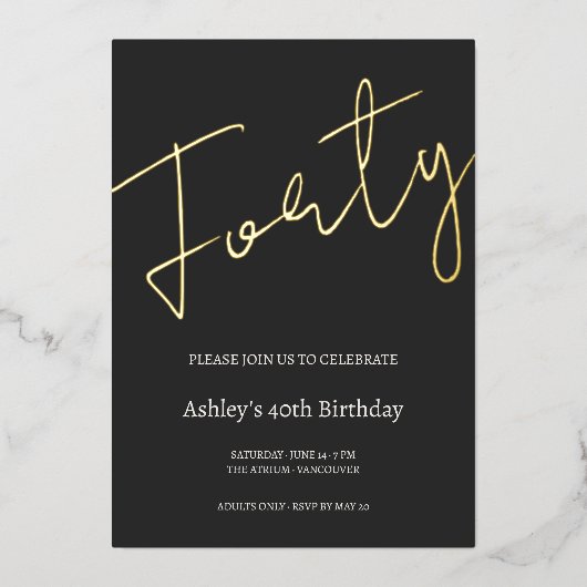 Invitation En Aluminium Black and Gold 40th Birthday Celebration (Recto)