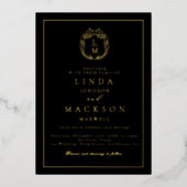 Invitation En Aluminium Black and gold botanical crest monogram wedding (Recto)