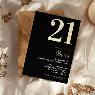 Invitation En Aluminium Black and Gold Elegant 21e anniversaire moderne