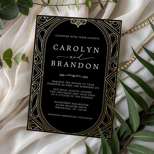 Invitation En Aluminium Black and Gold Ornate Elegant Wedding