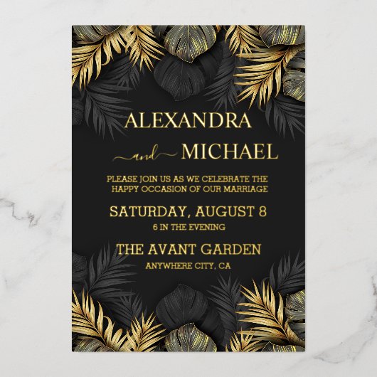 Invitation En Aluminium Black and Gold Tropical Destination Wedding Invit (Recto)