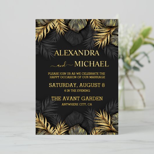 Invitation En Aluminium Black and Gold Tropical Destination Wedding Invit (Debout devant)