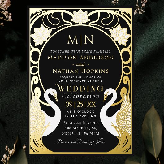 Invitation En Aluminium Black Elegant Art Nouveau Swans Wedding