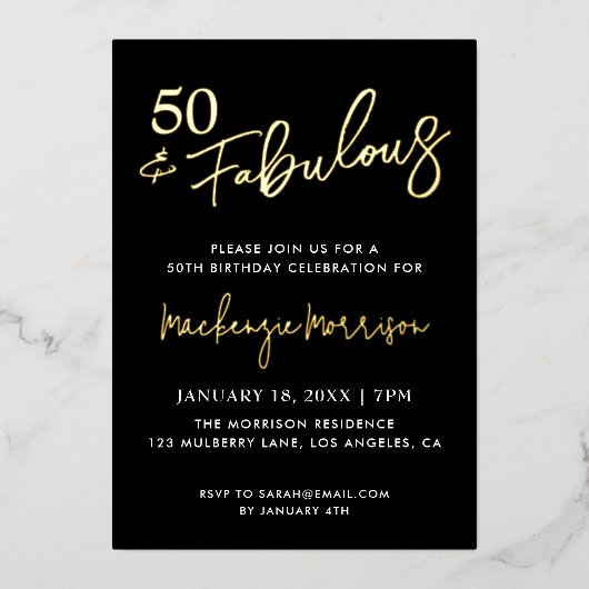 Invitation En Aluminium Black Fifty and Fabulous Script Birthday (Recto)