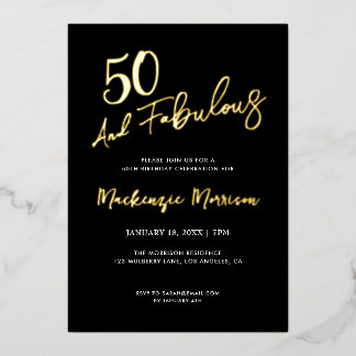 Invitation En Aluminium Black Fifty and Fabulous Script Birthday Party