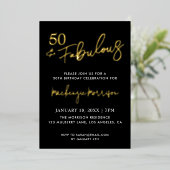 Invitation En Aluminium Black Fifty and Fabulous Script Birthday Party (Debout devant)