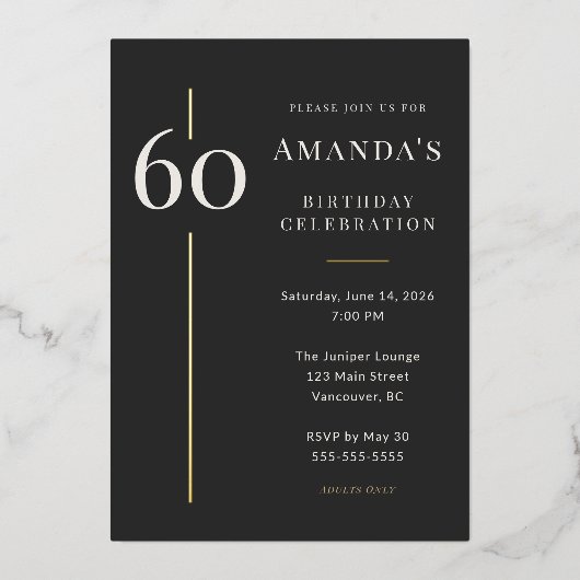 Invitation En Aluminium Black Gold 60th Milestone Birthday Celebration (Recto)