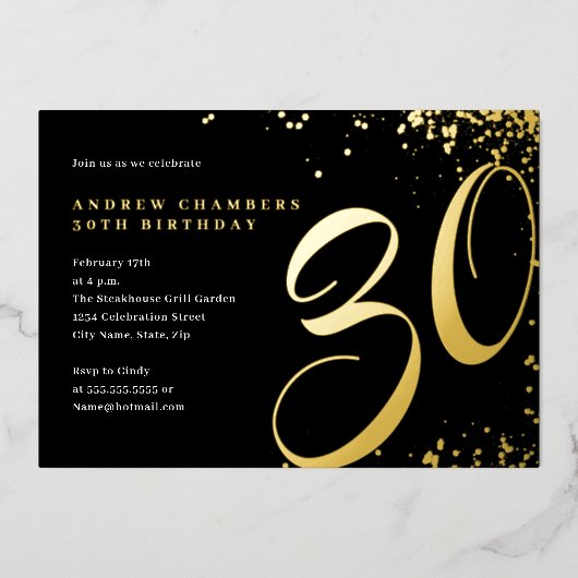 Invitation En Aluminium Black Gold Confetti 30e anniversaire (Recto)