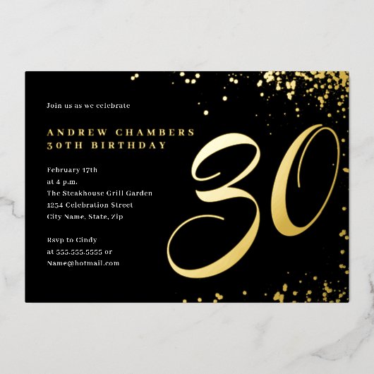 Invitation En Aluminium Black Gold Confetti 30e anniversaire (Recto)