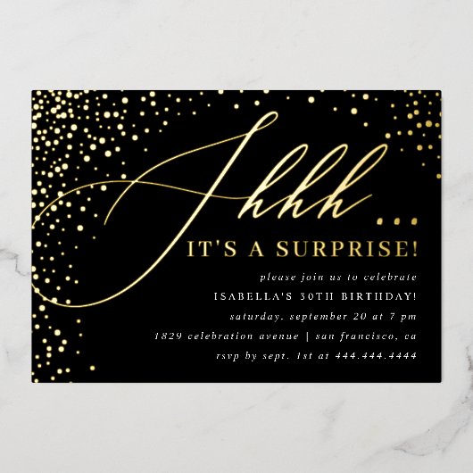 Invitation En Aluminium Black & Gold Confetti Script Surprise Party (Recto)