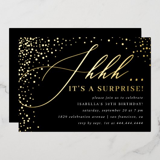 Invitation En Aluminium Black & Gold Confetti Script Surprise Party (Recto/Verso)