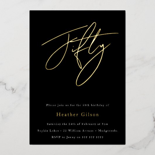 Invitation En Aluminium Black & Gold Foil Script 50e fête d'anniversaire (Recto)