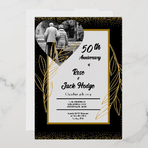 Invitation En Aluminium Black Gold Hearts Photo 50e anniversaire
