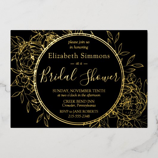 Invitation En Aluminium Black & Gold Ligne moderne Peony Toile Fête des ma (Recto)