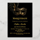 Invitation En Aluminium Black gold luxury Masquerade Quinceanera (Recto)