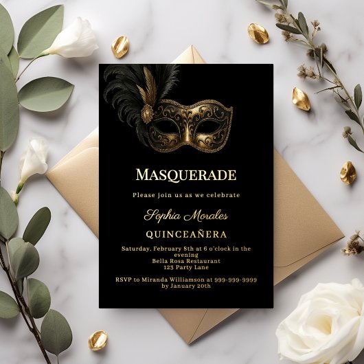Invitation En Aluminium Black gold luxury Masquerade Quinceanera