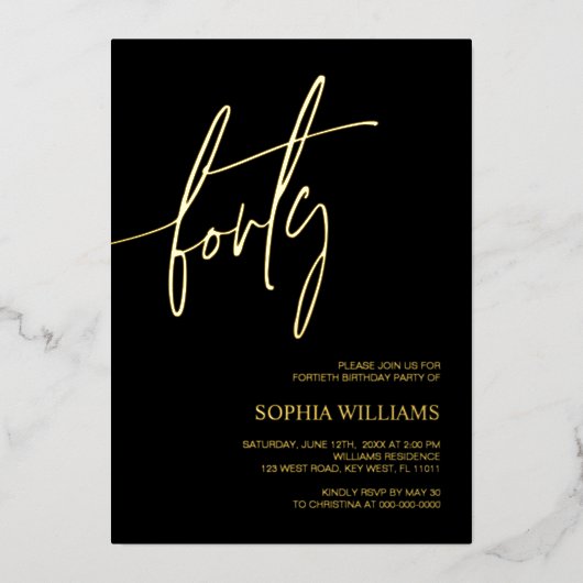 Invitation En Aluminium Black & Gold Minimalist 40e anniversaire (Recto)