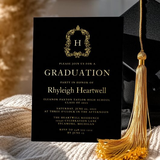 Invitation En Aluminium Black Gold Monogram Crest Graduation Party