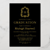 Invitation En Aluminium Black Gold Monogram Crest Graduation Party (Recto)