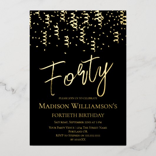 Invitation En Aluminium Black & Gold Quarty Minimal 40e fête d'anniversair (Recto)