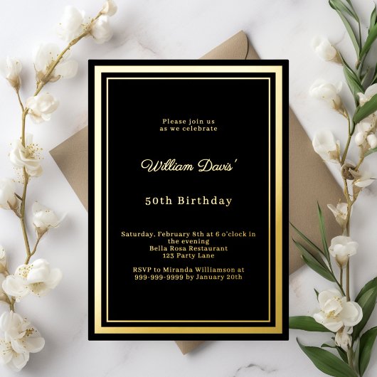 Invitation En Aluminium Black gold simple luxury birthday