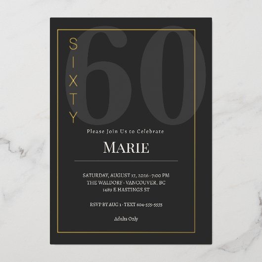 Invitation En Aluminium Black & Gold Sixty/60th Birthday Celebration (Recto)