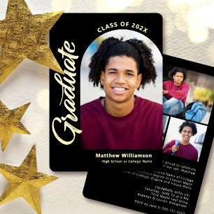 Invitation En Aluminium Black Graduation 4 Photo Bold Arch Party Real Gold