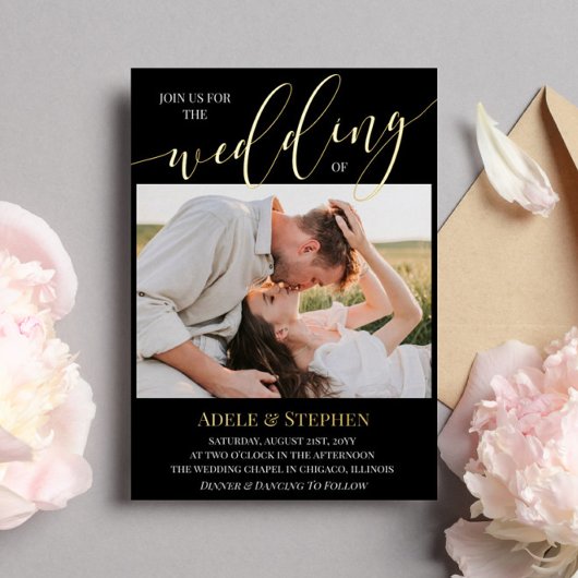 Invitation En Aluminium Black Join Us Script Photos Mariage double face