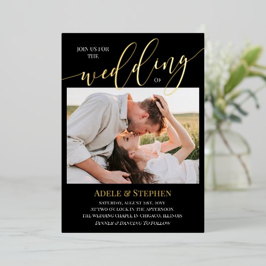 Invitation En Aluminium Black Join Us Script Photos Mariage double face (Debout devant)