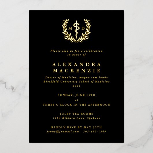 Invitation En Aluminium Black MD Asclepius+Laurel Wreath Graduation Party (Recto)