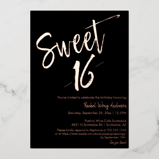 Invitation En Aluminium Black Minimalist Sweet 16e anniversaire Rose or (Recto)