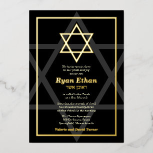 Invitation En Aluminium Black Real Gold Foil Star de David Bar Mitzvah Foi