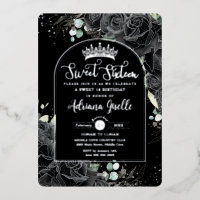 Black Rose Floral Black Silver Sweet 16 Anniversai