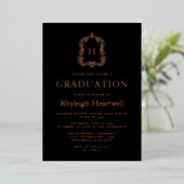 Invitation En Aluminium Black Rose Gold Monogram Crest Graduation Party (Debout devant)