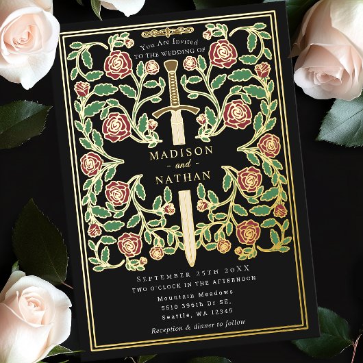 Invitation En Aluminium Black Royal Imaginaire Floral Médiéval  Mariage