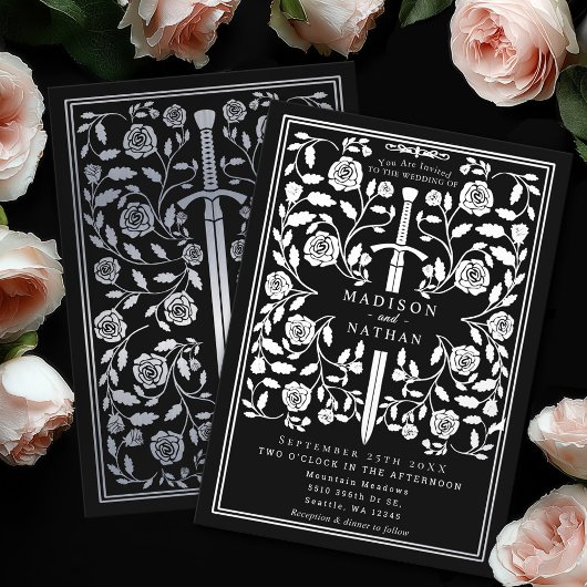 Invitation En Aluminium Black Royal Medieval Silver Sword Wedding