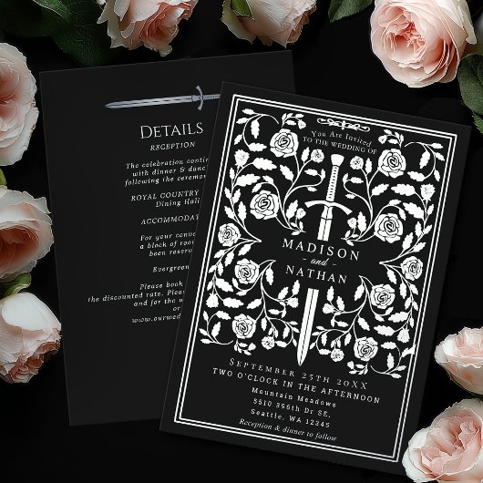 Invitation En Aluminium Black Royal Medieval Silver Sword Wedding Details
