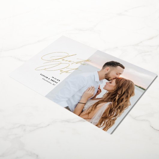 Invitation En Aluminium Black Script Photo Enregistrer la date Faux Foil (Rotation)