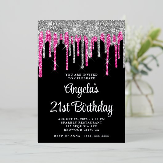 Invitation En Aluminium Black Silver Deep Rose Parties scintillant Drips 2 (Debout devant)