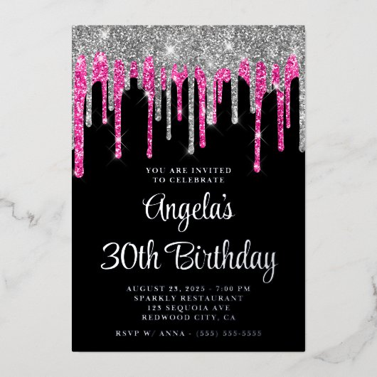 Invitation En Aluminium Black Silver Deep Rose Parties scintillant Drips 3 (Recto)
