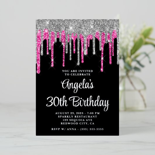 Invitation En Aluminium Black Silver Deep Rose Parties scintillant Drips 3 (Debout devant)