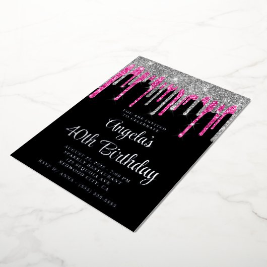 Invitation En Aluminium Black Silver Deep Rose Parties scintillant Drips 4 (Rotation)