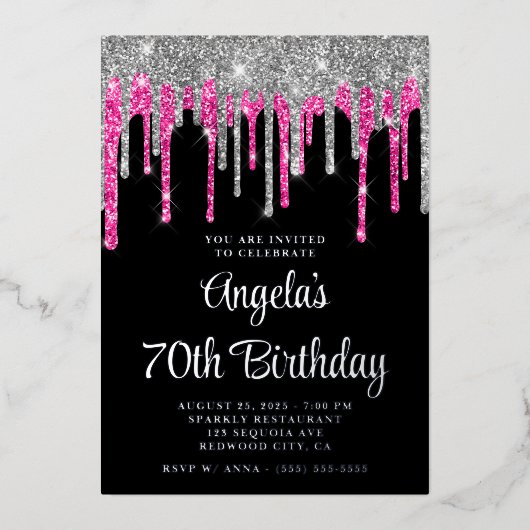 Invitation En Aluminium Black Silver Deep Rose Parties scintillant Drips 7 (Recto)