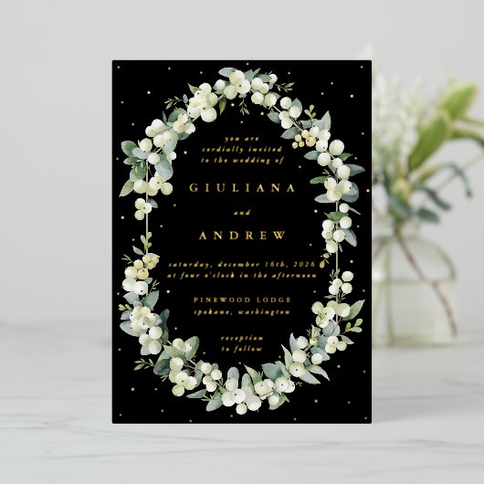 Invitation En Aluminium Black Snowberry+Eucalyptus Mariage d'hiver (Debout devant)
