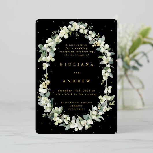 Invitation En Aluminium Black Snowberry+Eucalyptus Réception de mariage un (Debout devant)