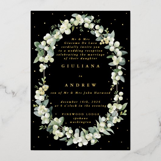 Invitation En Aluminium Black Snowberry+Eucalyptus Réception de mariage un (Recto)
