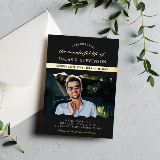Invitation En Aluminium Black Torn Edges Photo Gold Foil Life Celebration
