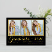 Invitation En Aluminium Black Trois Photo Collage Gold (Debout devant)