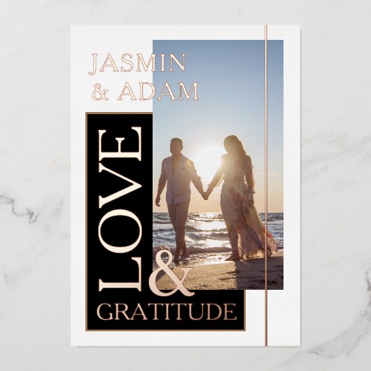 Invitation En Aluminium Black White Photo Mariage Amour et Gratitude Rose (Recto)